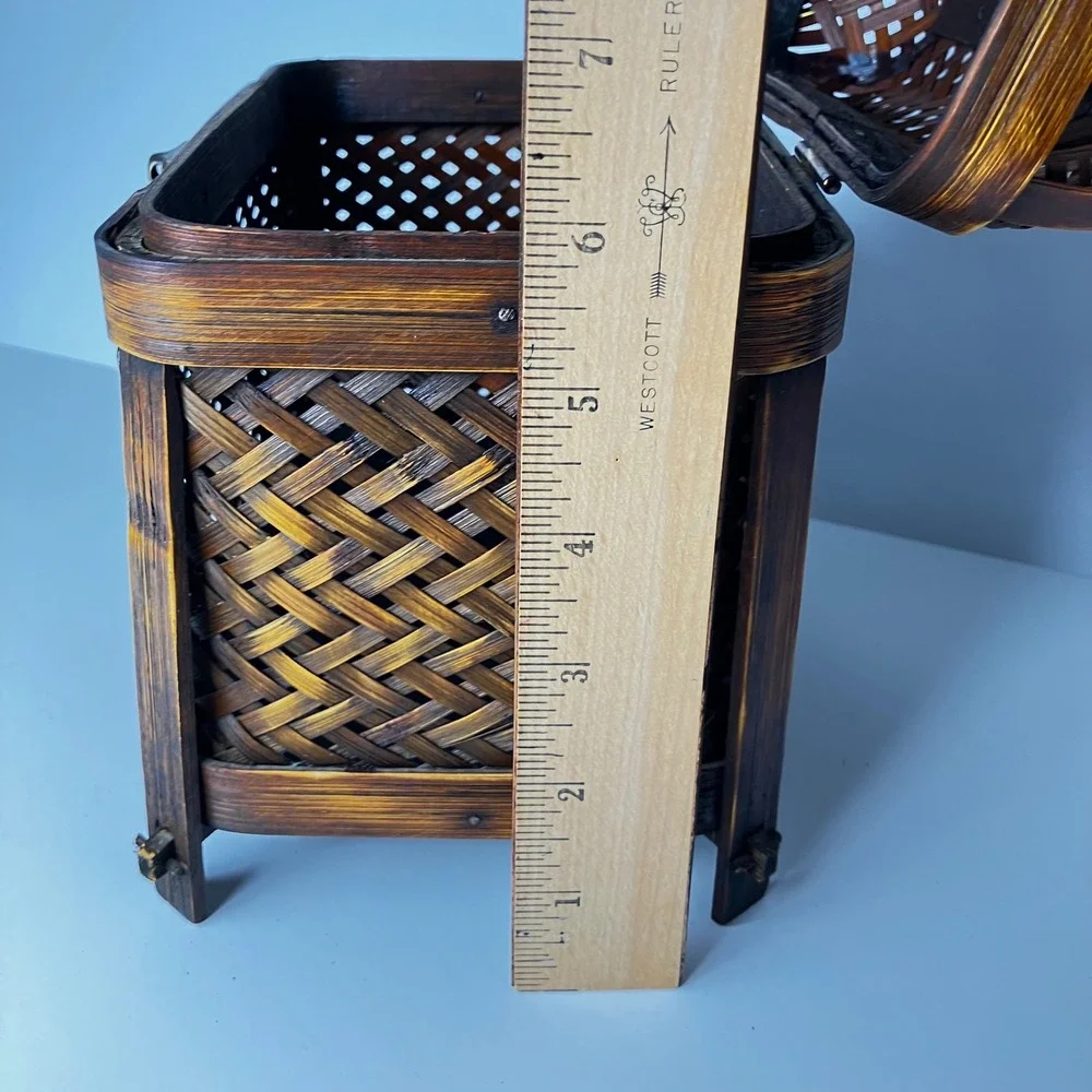 Vintage Storage Chest Brown Footed Keepsake Box Decor Handcrafted Woven Bamboo